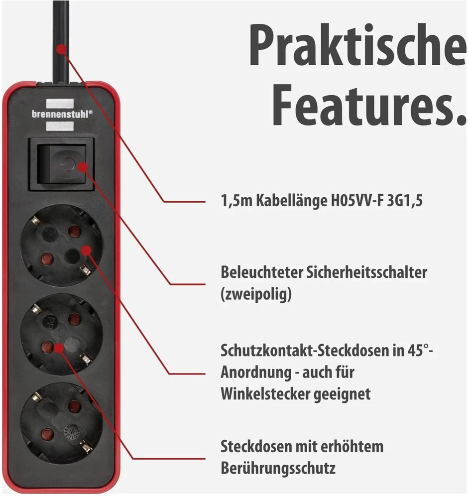 Brennenstuhl Steckdosenl. Ecolor 3-fach raudona/juodas Schalter
