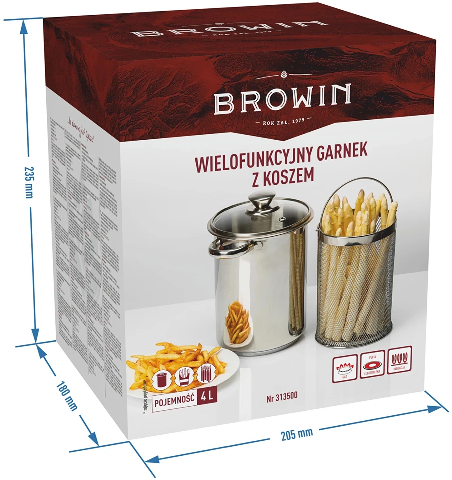 Browin 313500 puodas su krepšeliu, 4L, 15.5cm, nerūdijantis plienas, stiklo dangtis, tinka plauti indaplovėje