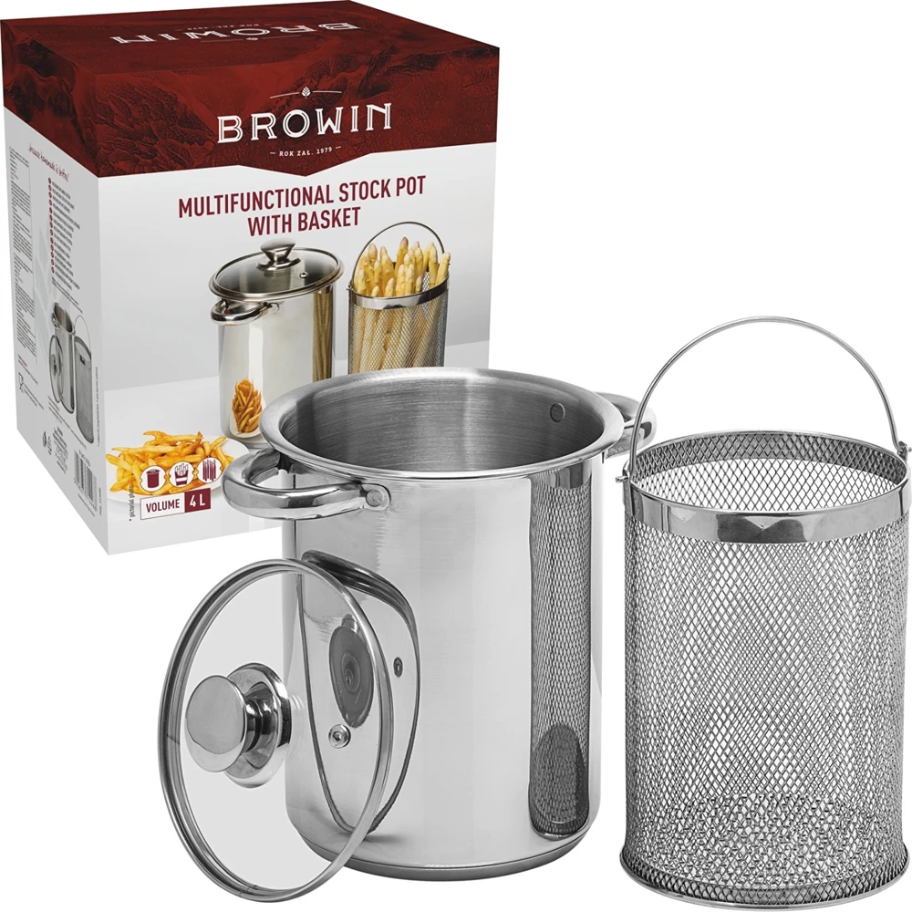 Browin 313500 puodas su krepšeliu, 4L, 15.5cm, nerūdijantis plienas, stiklo dangtis, tinka plauti indaplovėje