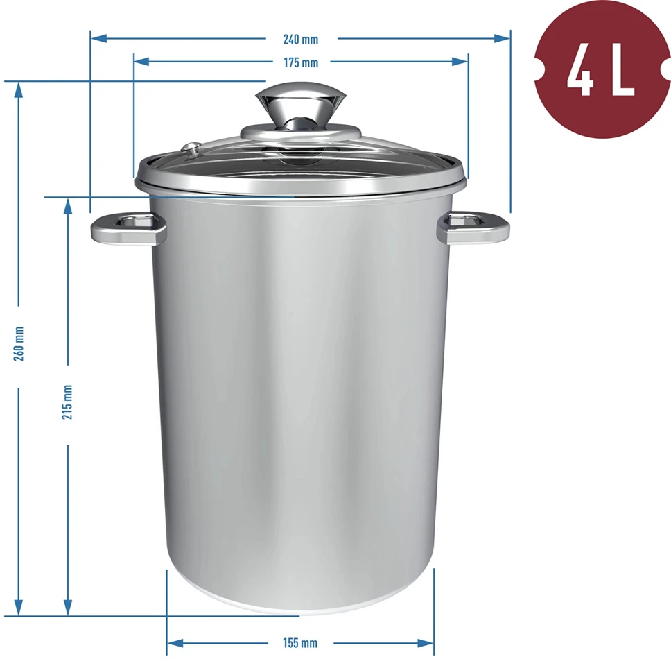 Browin 313500 puodas su krepšeliu, 4L, 15.5cm, nerūdijantis plienas, stiklo dangtis, tinka plauti indaplovėje