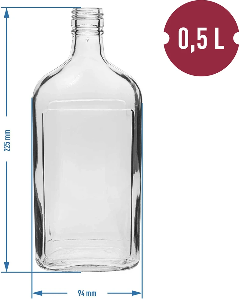 Browin 631414, 6x500ml, stiklinė plokščia butelis su užsukamu dangteliu, dangtelio spalva atsitiktinė