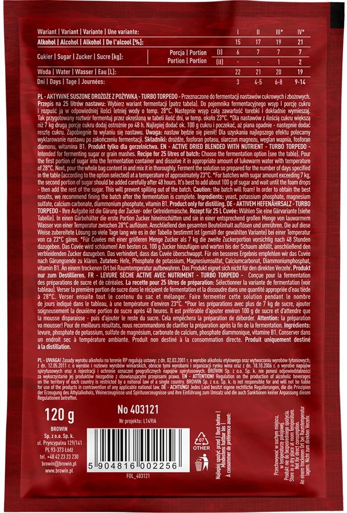 Browin distiliavimo mielės, 403121, 72 h, 21%, 25 L, 0.12 kg