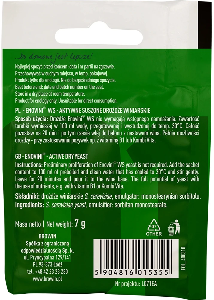 Browin Enovini WS sausas vyno mielės 400310, 7g, 35L, džiovintos, raudonam vynui, baltam vynui, rožiniam vynui