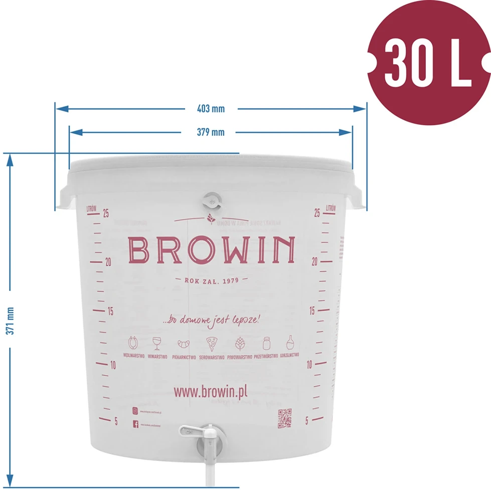 Browin Fermentacijos kibiras 30 L su spausdinta skalė ir čiaupu 340434, 30.0 L, polipropilenas be BPA, su čiaupu, infliacija