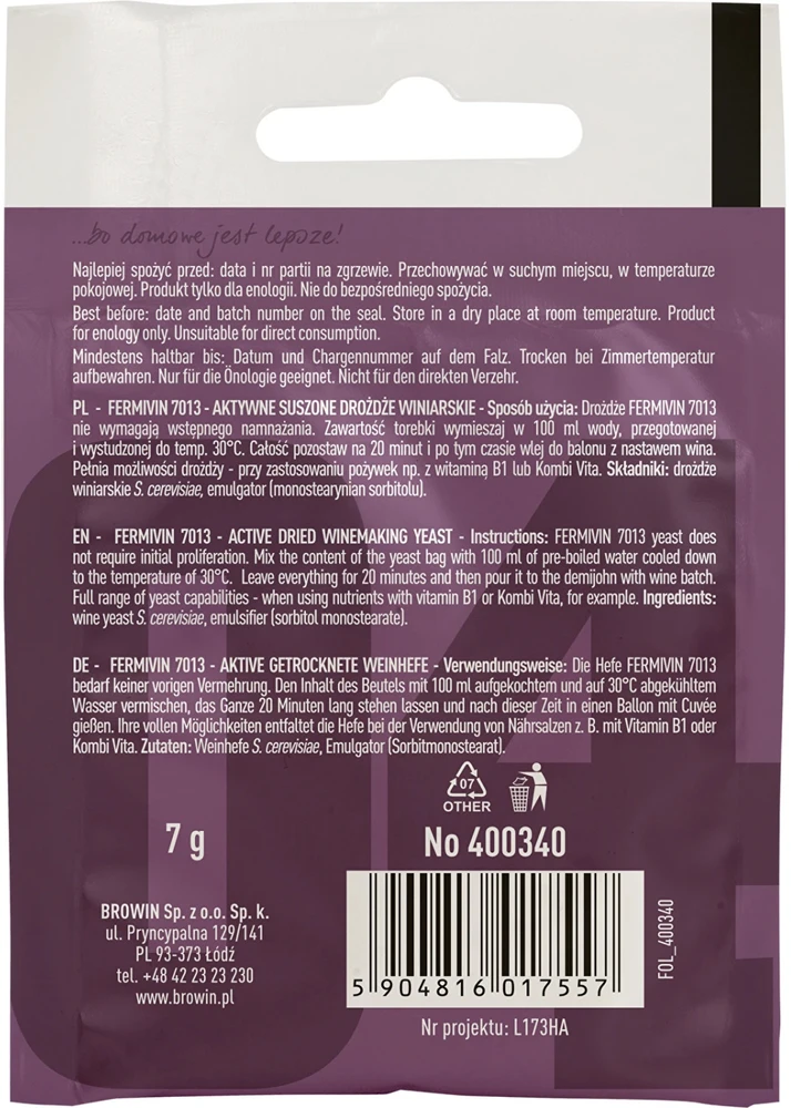 Browin Fermivin 7013 sausos vyno mielės 7g, 35L, baltam, raudonam, rožiniam vynui, 400340