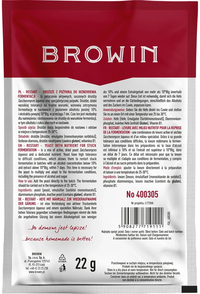 Browin Restart mielės 400305, 22 g, 25 L, 7-10 dienų, raudonasis vynas, baltasis vynas, rožinis vynas, džiovintos