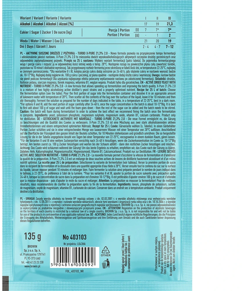 Browin Turbo X-Pure mielės 403103, 21.3%, 48h, 25L, 0.135kg, cukraus, vaisių ir grūdų misoms