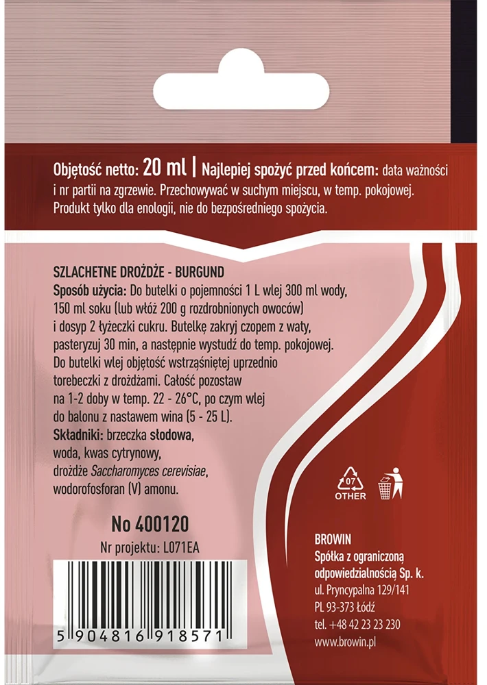 Browin vyno mielės 400120, 20 ml, iki 14% alkoholio, 5-25 L partija, skystas, raudonam vynui gaminti
