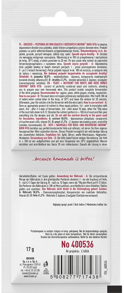 Browin vyno mielės ir maistas Enovini® BAYA VITA 400536, 17 g, džiovintos, baltam ir rožiniam vynui