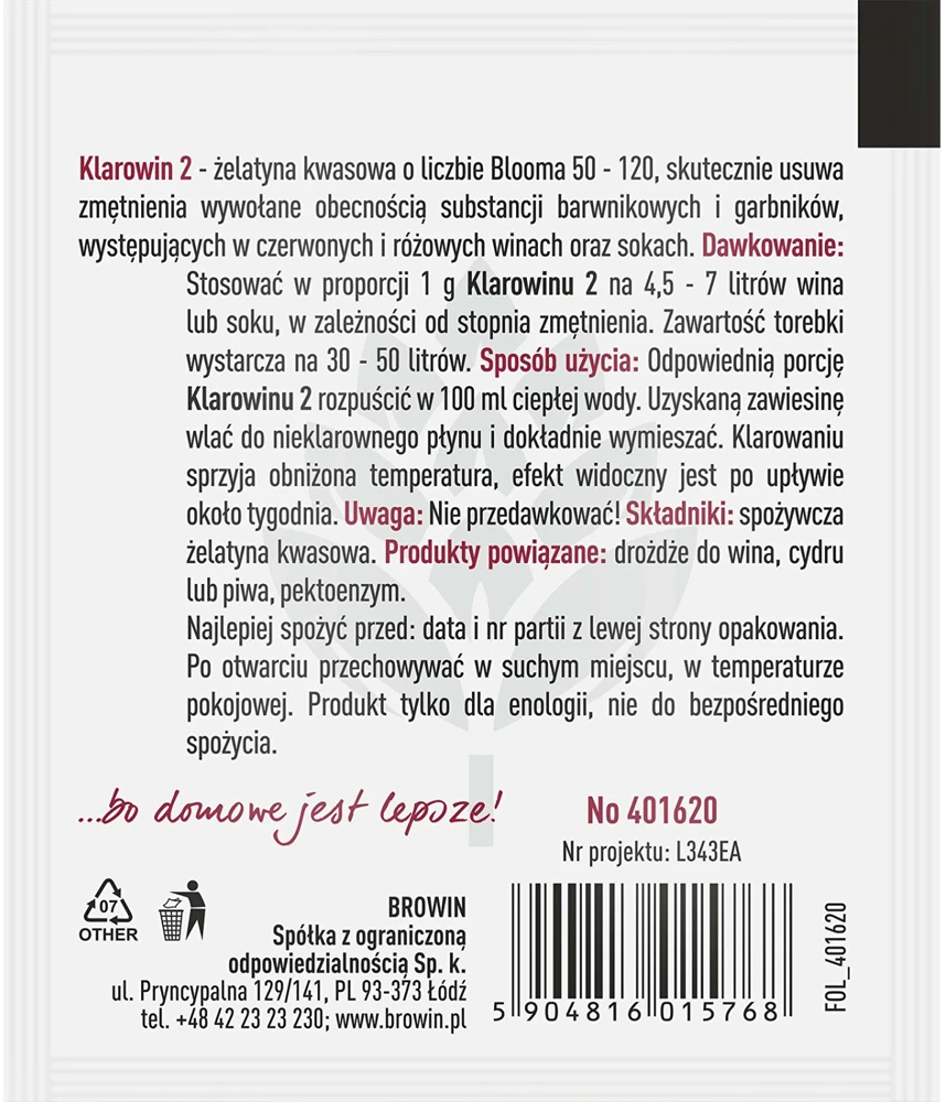 Browin vyno skaidrintuvas 401620, 7g, 30-50L, lengva naudoti, matomas efektas per 7 dienas