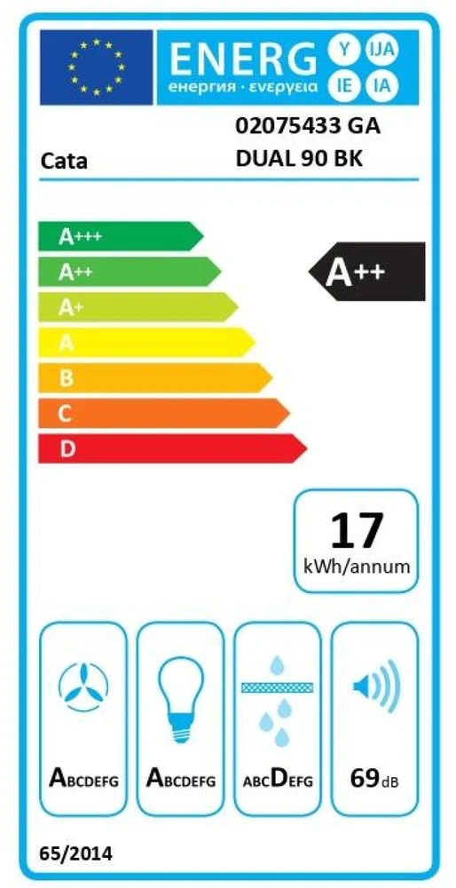Gartraukis CATA GA DUAL 90 BK | Hood | Canopy | Energy efficiency class A++ | Plotis 90 cm | Touch sensitive | 805 m³/h | LED | Juodas
