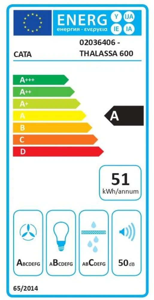 CATA Hood | THALASSA 600 GBK | Wall mounted | Energy efficiency class A | Plotis 60 cm | 811 m³/h | Electronic | LED | Juodas Glass