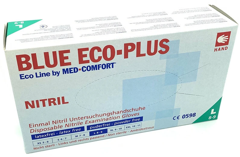 Cits Vienkartinės nitrilinės pirštinės MED-COMFORT Eco-Plus, L dydis, mėlynos sp., be pudros, 100 vnt.