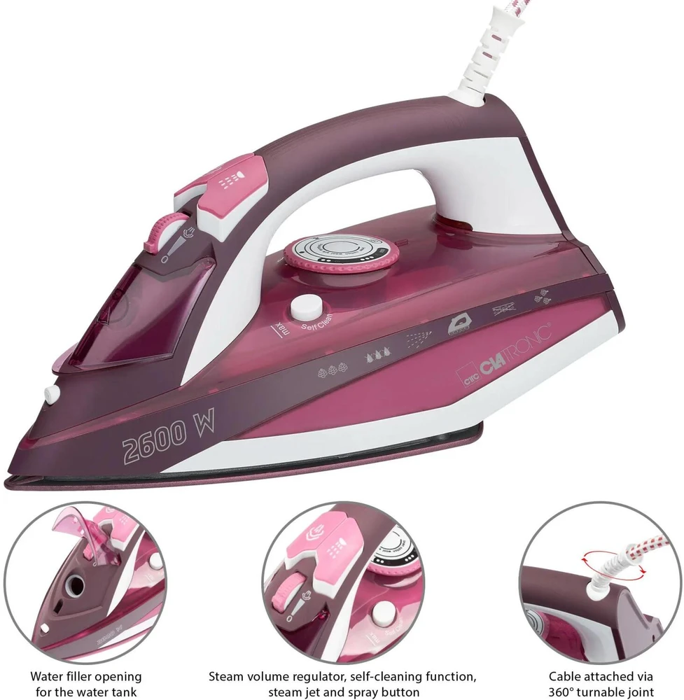 Garų Lygintuvas - Clatronic DB 3705 2600 W Keraminis Padas Rožinė
