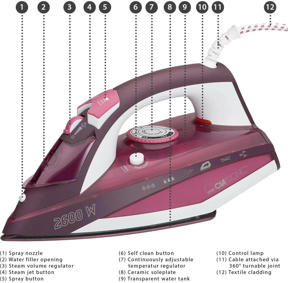 Garų Lygintuvas - Clatronic DB 3705 2600 W Keraminis Padas Rožinė