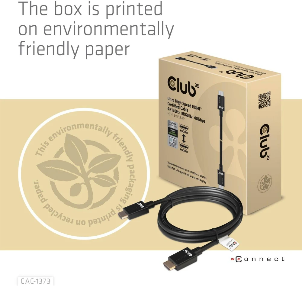 Club 3D Club3D CAC-1373 itin didelės spartos HDMI kabelis 10K 120Hz 48Gbps HDMI 2.1 Vyriškas ir Vyriškas 3 m, padengtas juodu auksu