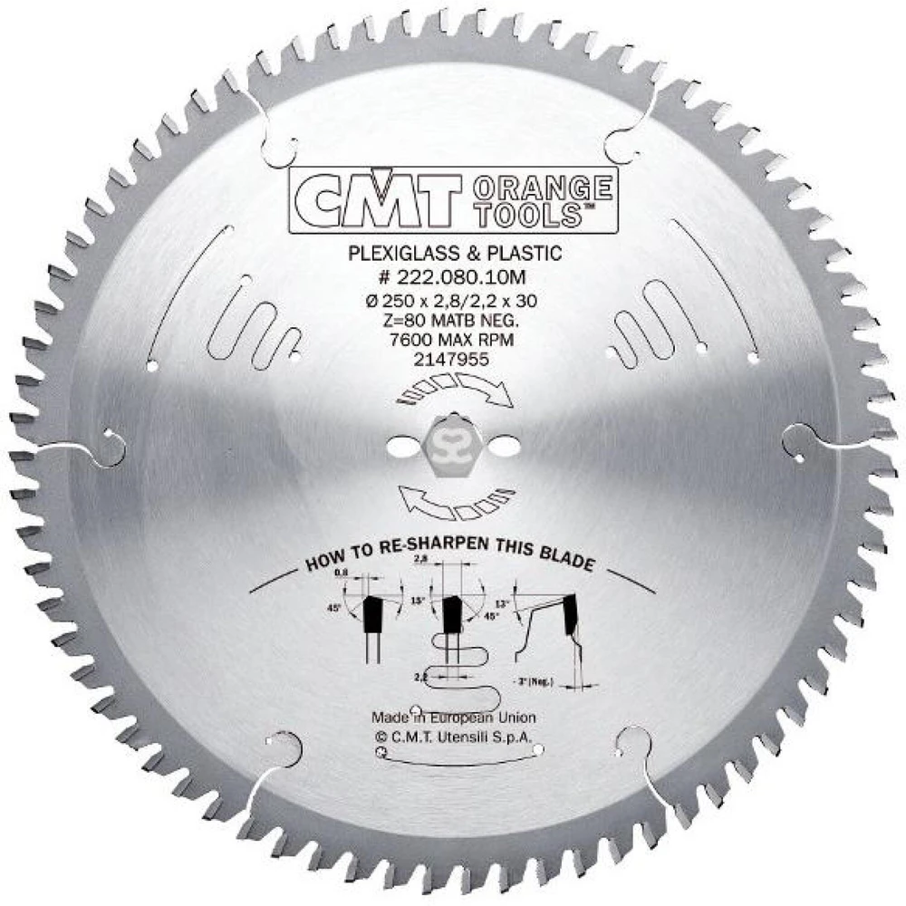 Pjovimo diskas plastikui CMT 222; 250x2,8x30; Z80; -3°