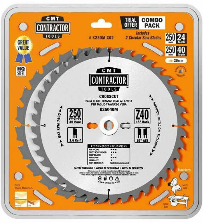 Pjovimo diskas CMT Contractor K250M-X02; 250x2,6x30; Z24/Z40; 20°/15°; 2 vnt.