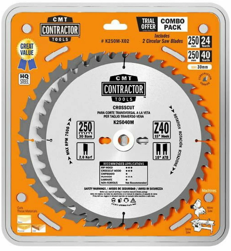 Pjovimo diskas medienai CMT Contractor; 160x2,2/1,4x20 mm; Z24/Z40/Z40; 15°; 3 vnt.