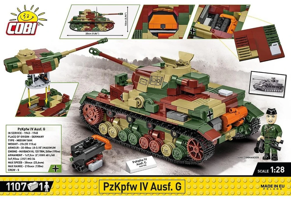 Cobi Konstruktoriaus kaladėlės WWII PZKPFW IV AUSF.G, 1107 kaladėlių