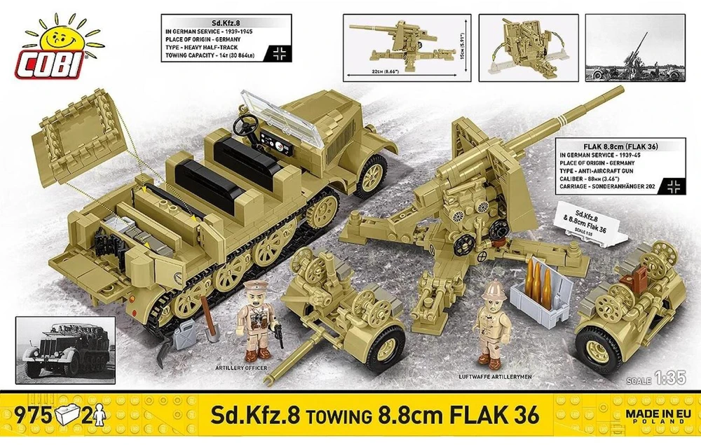 Cobi Klocki Sd.kfz.8 vilkimo blokai 8,8 cm priešlėktuvinės gynybos 36, 975 vienetai