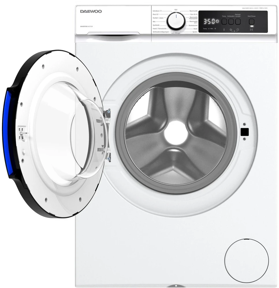 Daewoo Skalbimo mašina WM-FB8514W1A-DE 10843351, 8kg, 1400 aps/min, A, 76dB, 48L, 47kWh, 15 programų, skaitmeninis ekranas