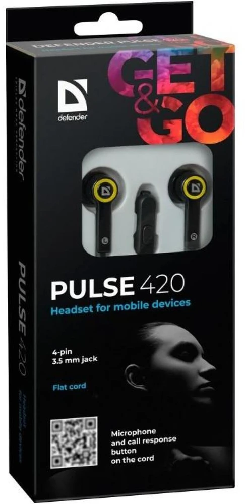 DEFENDER Ausinės mobiliems įrenginiams Pulse 420 juodas + geltona į ausis įkišamos