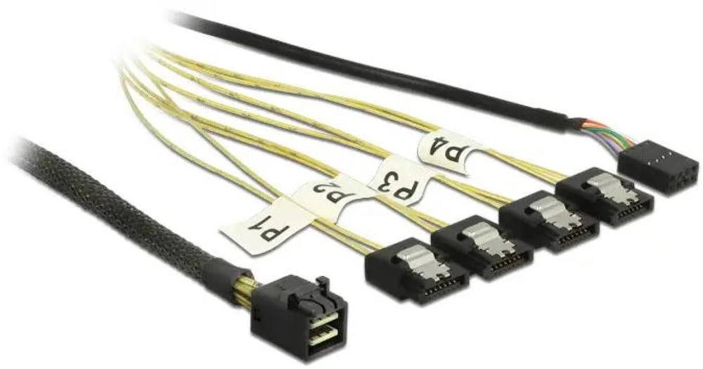 Delock Adapterkabel Mini SAS HD SFF-8643 > 4x SATA 7 Pin Reverse (juodas, 1 Meter, mit Sideband)