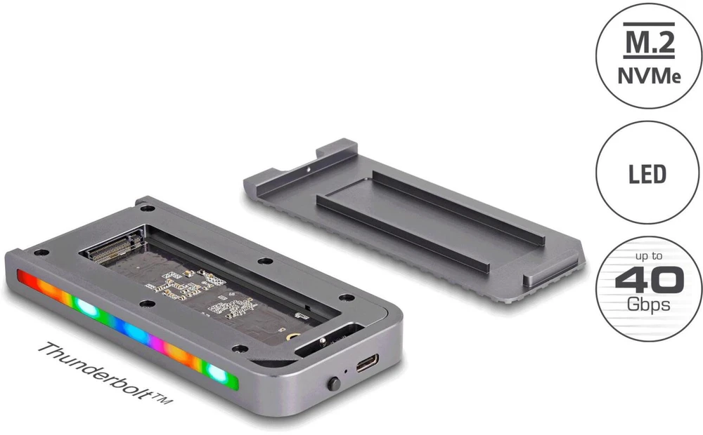 Delock USB 40 Gbps Gehäuse für 1 x M.2 NVMe SSD im Gaming Style mit LED und Lüfter - werkzeugfrei