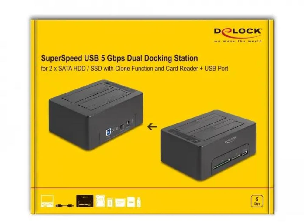 DeLOCK USB dviguba dokingo stotis 2 x SATA HDD / SSD su klonavimo funkcija ir kortelių skaitytuvu + papildomu USB prievadu, HDD, SSD, Serial ATA III, 2.5, 3.5", USB 3.2 Gen 1 (3.1 Gen 1) Type-B, juoda, plastikas