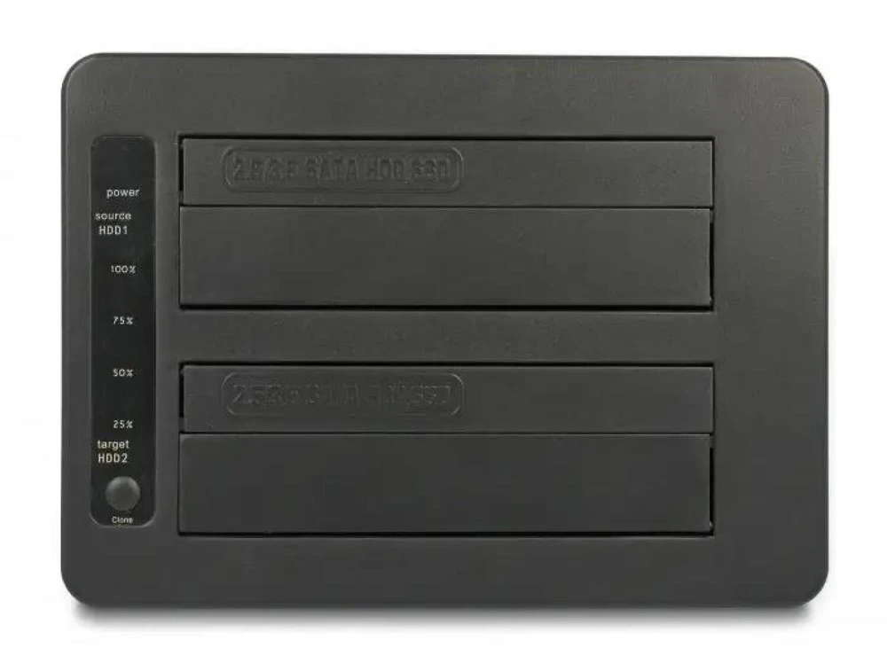 DeLOCK USB dviguba dokingo stotis 2 x SATA HDD / SSD su klonavimo funkcija ir kortelių skaitytuvu + papildomu USB prievadu, HDD, SSD, Serial ATA III, 2.5, 3.5", USB 3.2 Gen 1 (3.1 Gen 1) Type-B, juoda, plastikas
