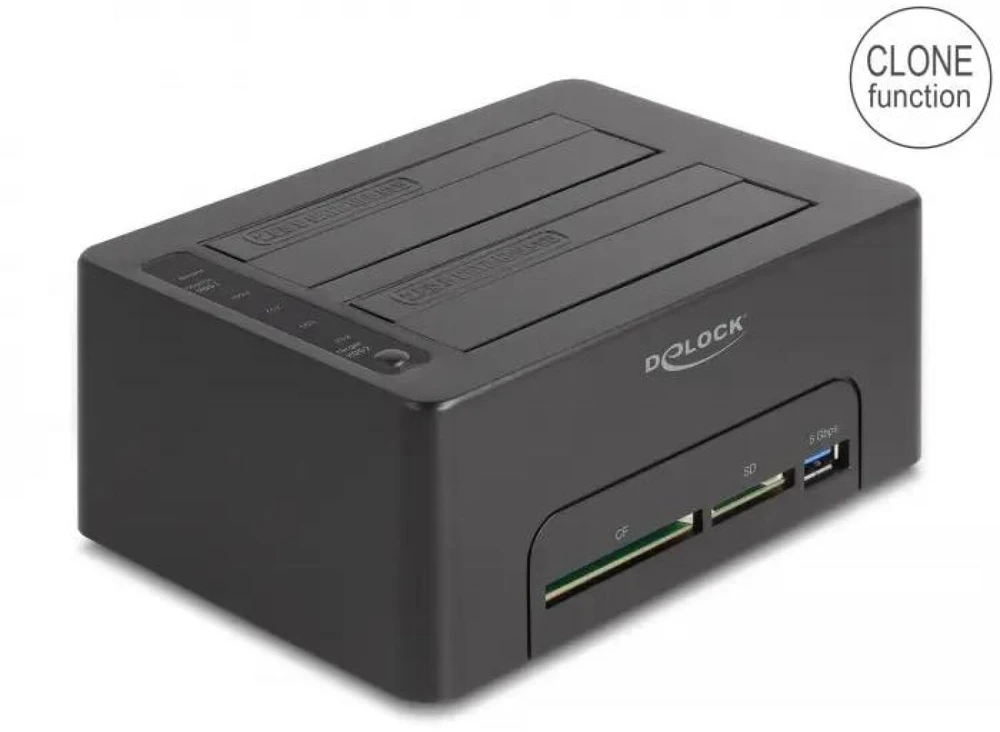 DeLOCK USB dviguba dokingo stotis 2 x SATA HDD / SSD su klonavimo funkcija ir kortelių skaitytuvu + papildomu USB prievadu, HDD, SSD, Serial ATA III, 2.5, 3.5", USB 3.2 Gen 1 (3.1 Gen 1) Type-B, juoda, plastikas