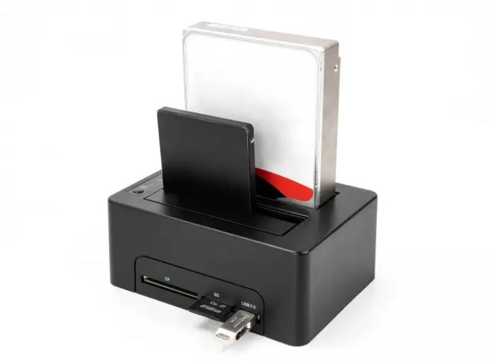 DeLOCK USB dviguba dokingo stotis 2 x SATA HDD / SSD su klonavimo funkcija ir kortelių skaitytuvu + papildomu USB prievadu, HDD, SSD, Serial ATA III, 2.5, 3.5", USB 3.2 Gen 1 (3.1 Gen 1) Type-B, juoda, plastikas