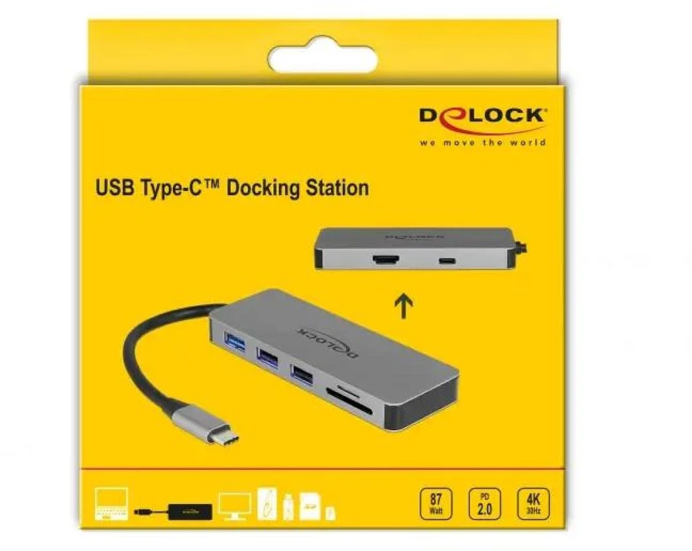 DELOCK USB Type-C prijungimo stotis mobiliesiems įrenginiams 4K – HDMI / Hub / SD / PD 2.0