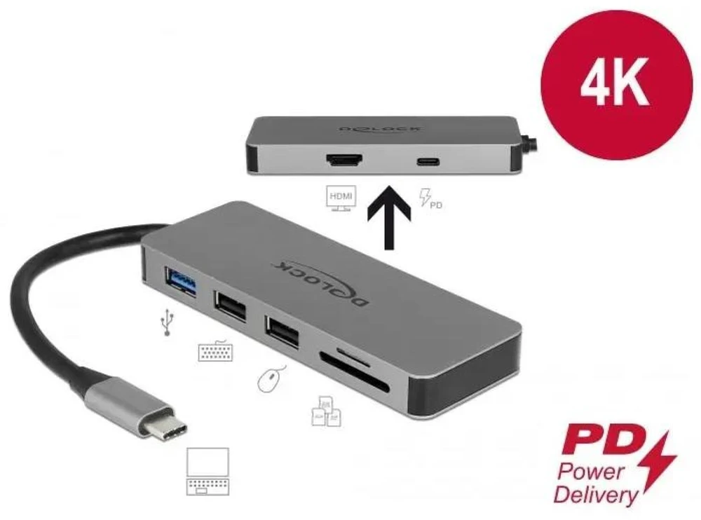 DELOCK USB Type-C prijungimo stotis mobiliesiems įrenginiams 4K – HDMI / Hub / SD / PD 2.0
