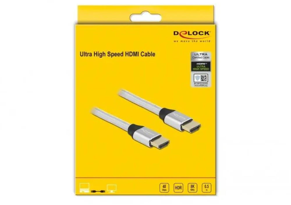 Delock Ultra High Speed HDMI kabelis 48 Gbps 8K 60 Hz sidabrinis 0,5 m sertifikuotas