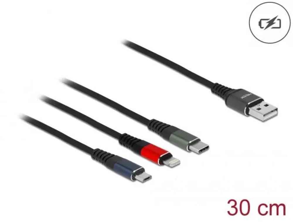 „Delock“ USB įkrovimo laidas „3 viename“, skirtas „Lightning“ / „MicroUSB“ / „Type-C“, 30 cm, 3 spalvų