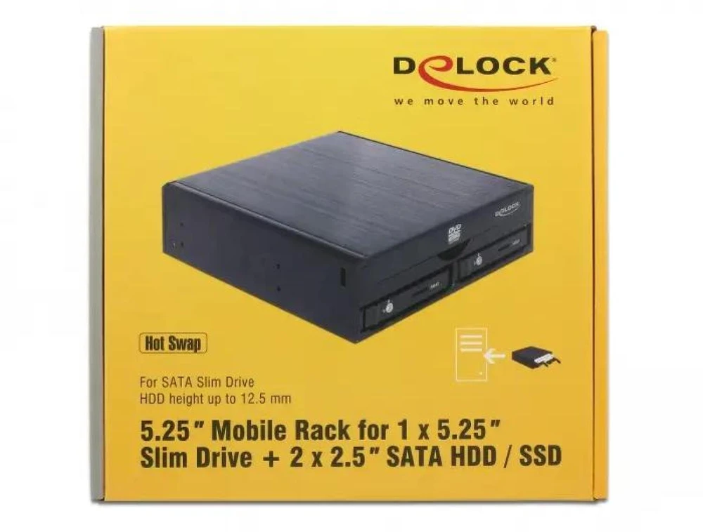Delock 5,25 colio skyrius, skirtas 1 x 5,25 colio plonam diskui + 2 x 2,5 colio SATA HDD / SSD (47230)