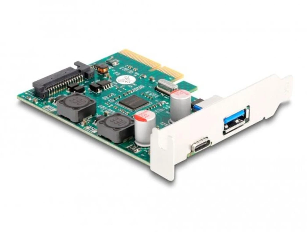 DeLOCK PCI Express x4 plokštė su 1 x išoriniu USB 10 Gbps Type-C lizdu + 1 x išoriniu USB 10 Gbps Type-A lizdu – žemo profilio formatas, PCIe, USB 3.2 Gen 2 (3.1 Gen 2), žemo profilio, PCI 3.0, SATA 15 kontaktų, žalia, pilka