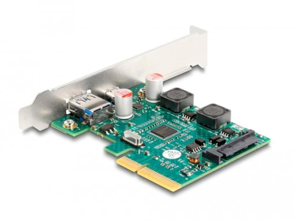 DeLOCK PCI Express x4 plokštė su 1 x išoriniu USB 10 Gbps Type-C lizdu + 1 x išoriniu USB 10 Gbps Type-A lizdu – žemo profilio formatas, PCIe, USB 3.2 Gen 2 (3.1 Gen 2), žemo profilio, PCI 3.0, SATA 15 kontaktų, žalia, pilka