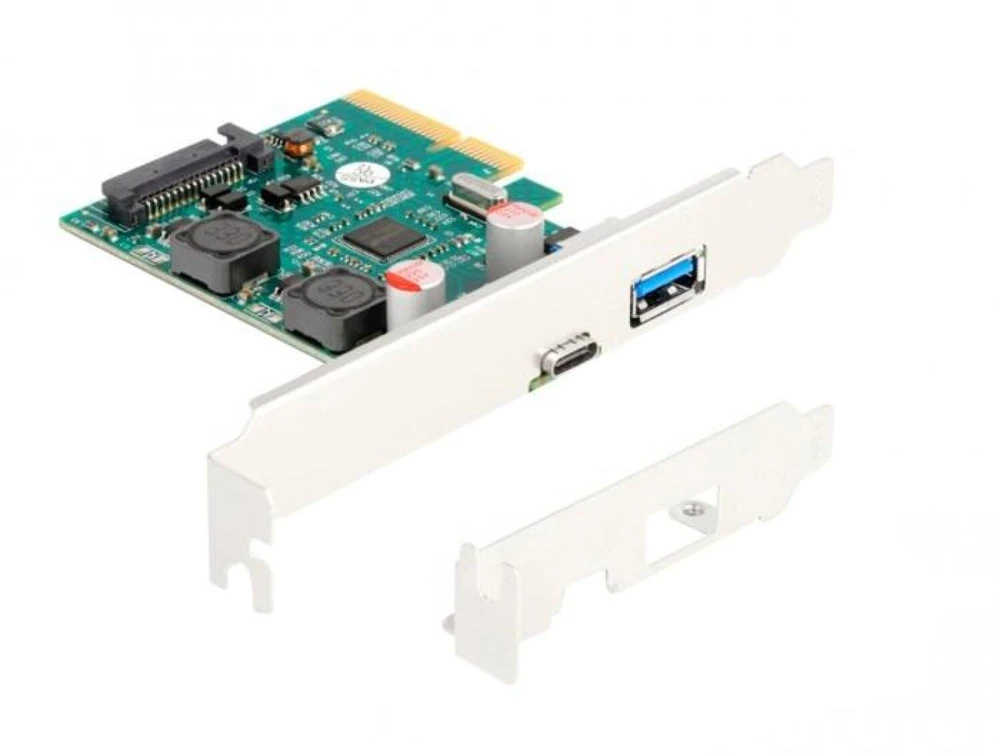 DeLOCK PCI Express x4 plokštė su 1 x išoriniu USB 10 Gbps Type-C lizdu + 1 x išoriniu USB 10 Gbps Type-A lizdu – žemo profilio formatas, PCIe, USB 3.2 Gen 2 (3.1 Gen 2), žemo profilio, PCI 3.0, SATA 15 kontaktų, žalia, pilka