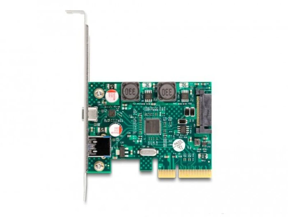 DeLOCK PCI Express x4 plokštė su 1 x išoriniu USB 10 Gbps Type-C lizdu + 1 x išoriniu USB 10 Gbps Type-A lizdu – žemo profilio formatas, PCIe, USB 3.2 Gen 2 (3.1 Gen 2), žemo profilio, PCI 3.0, SATA 15 kontaktų, žalia, pilka