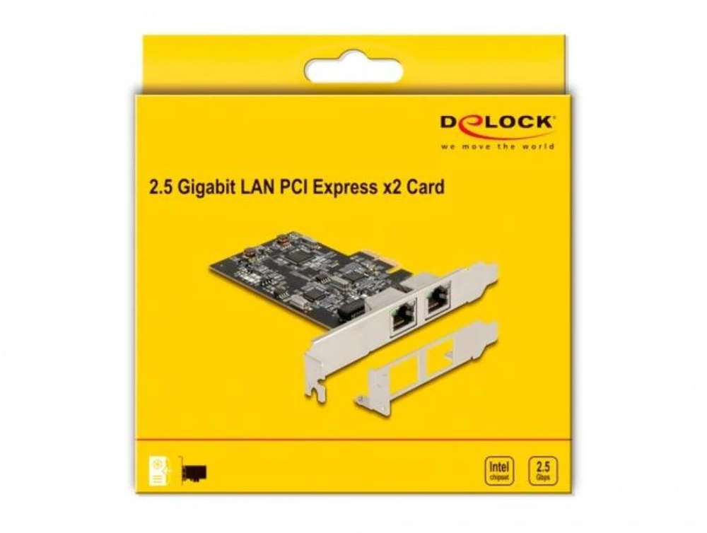 DeLOCK PCI Express x2 plokštė į 2 x RJ45 2.5 Gigabit LAN i225, vidinė, laidinė, PCI Express, Ethernet, 2500 Mbit/s, nerūdijantis plienas