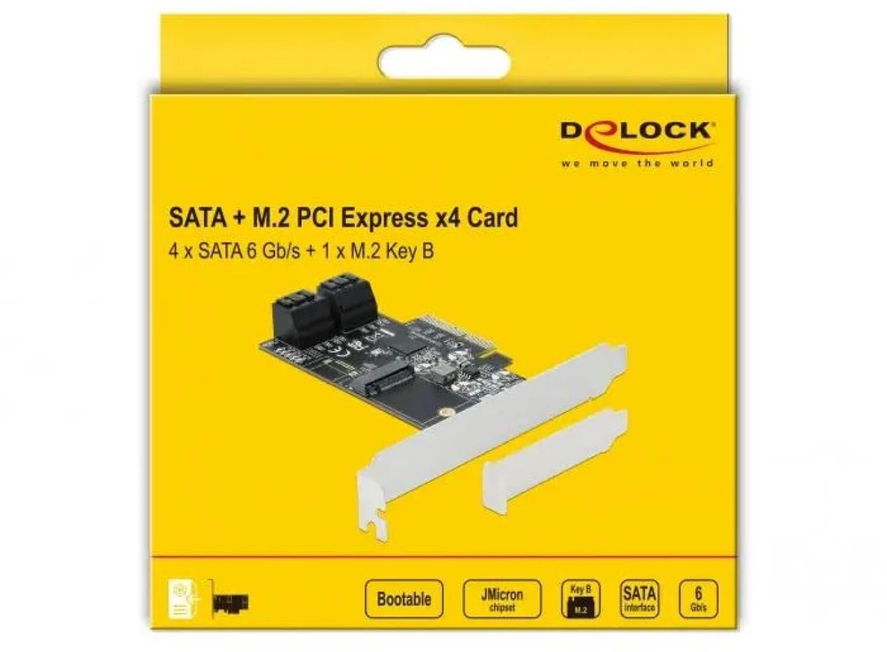 Delock 4 prievadų SATA ir 1 lizdas M.2 Key B PCI Express x4 kortelė