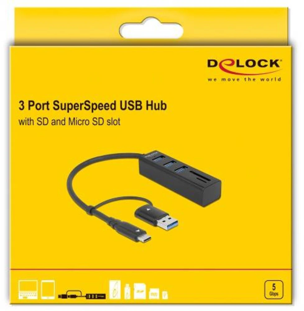 Delock 3 prievadų USB 3.2 Gen 1 Hub + SD ir Micro SD kortelių skaitytuvas