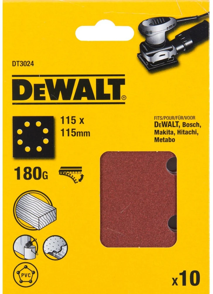 Dewalt 1/4 Lapas DT3024-QZ 115mm x 115mm 180G Universalus Šlifavimo Popierius (10 vnt), C16 abrazyvas, popierinė bazė, perforuota