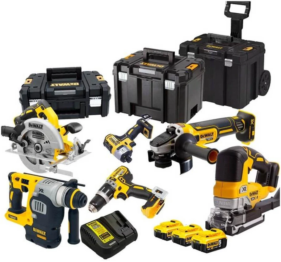 DeWalt Akumuliatorinis įrankių rinkinys DCK755P3T, DCD796+DCF887+DCS355+DCS334+DCH273+DCG405+DCS570, 18V XR, 3x5.0Ah, Li-Ion, TStak