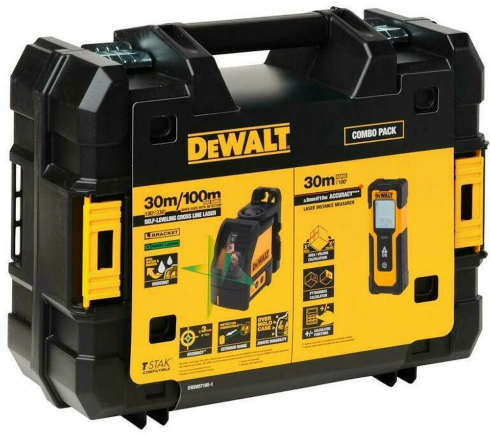 skersinės linijos lazerių rinkinys su žaliu spinduliu, 20 m DW088CG + nuotolio ieškiklis iki 30 m DWHT77100, DEWALT [DW0887100-1]