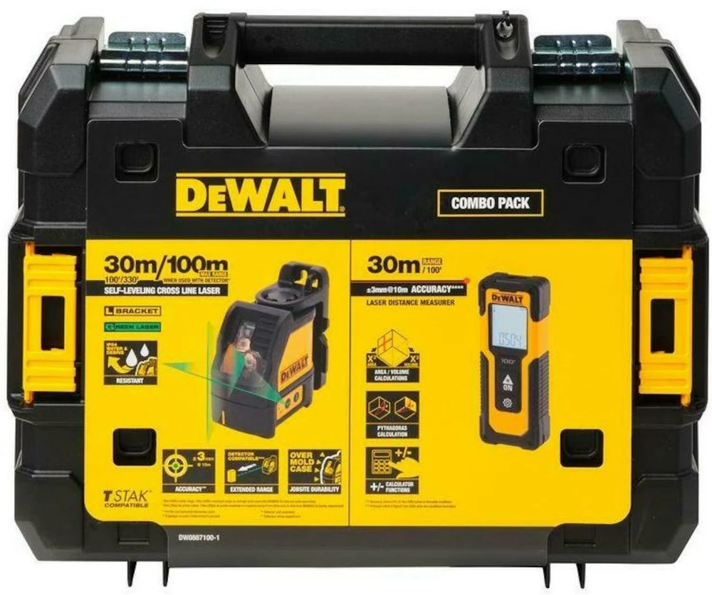skersinės linijos lazerių rinkinys su žaliu spinduliu, 20 m DW088CG + nuotolio ieškiklis iki 30 m DWHT77100, DEWALT [DW0887100-1]