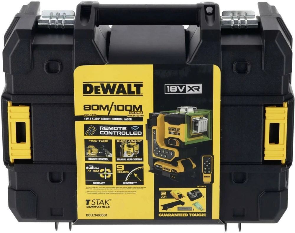 Dewalt 18V XR 3x360 žalias lazeris su nuotolinio valdymo pulteliu, 1x2Ah